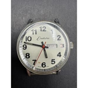 Vintage Endura Day Date Swiss Made Silver Tone Round Watch 33mm No Band